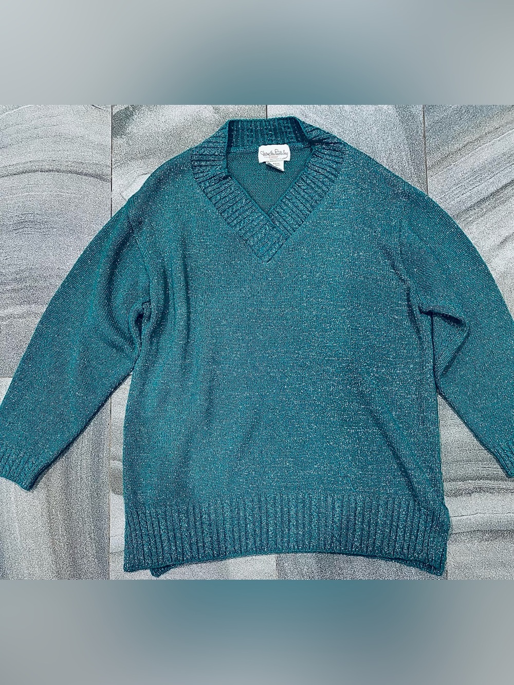 Vintage Diane Von Furstenberg Teal Metallic V Neck Sweater Size 2X
